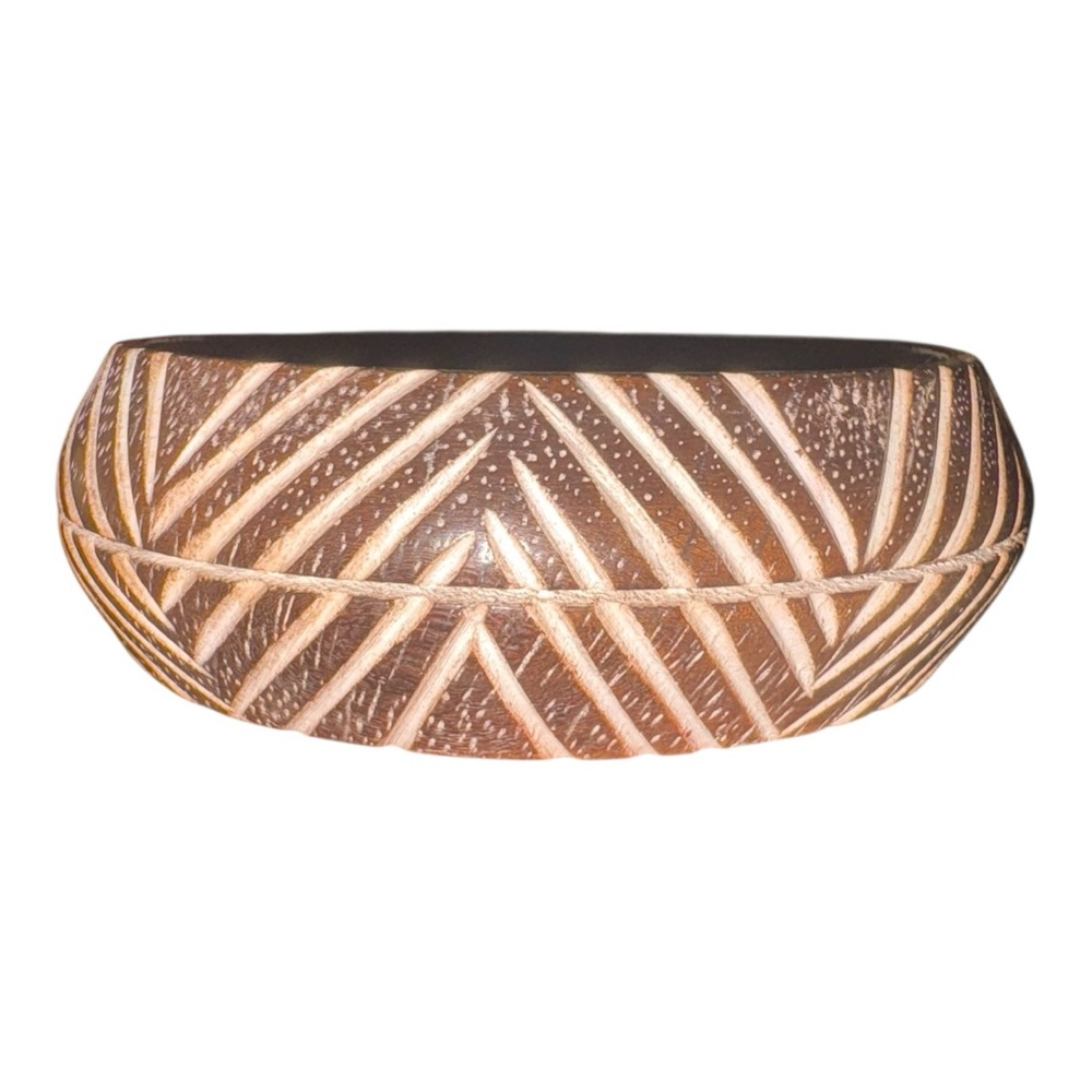 Vintage Hand-Carved Coconut Shell Bangle Boho Tribal Etched Design Natural J16